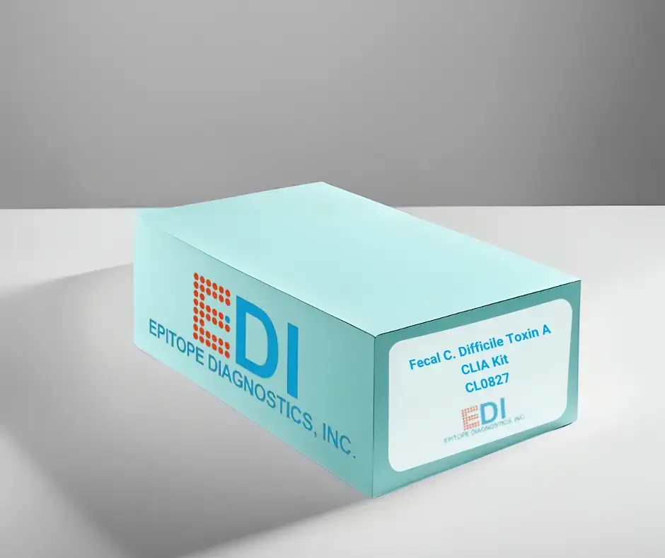 A blue Epitope Diagnostics, Inc. kit box with a label reading "Fecal C. Difficile Toxin A CLIA Kit" on a white surface.
