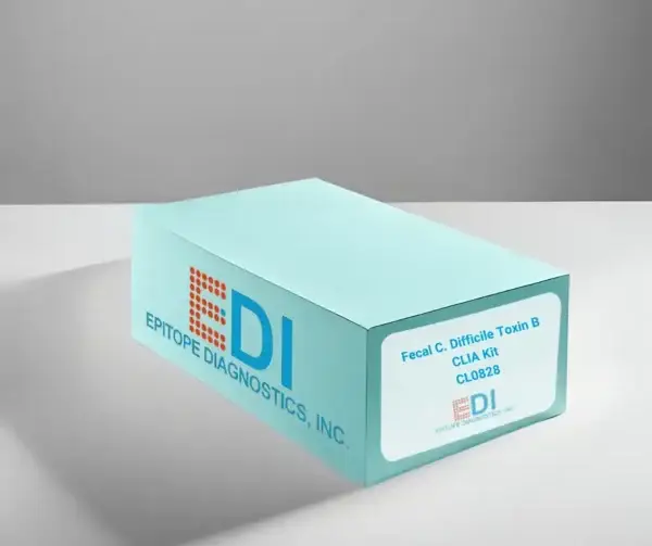 A blue Epitope Diagnostics, Inc. kit box with a label reading "Fecal C. Difficile Toxin B CLIA Kit" on a white surface.