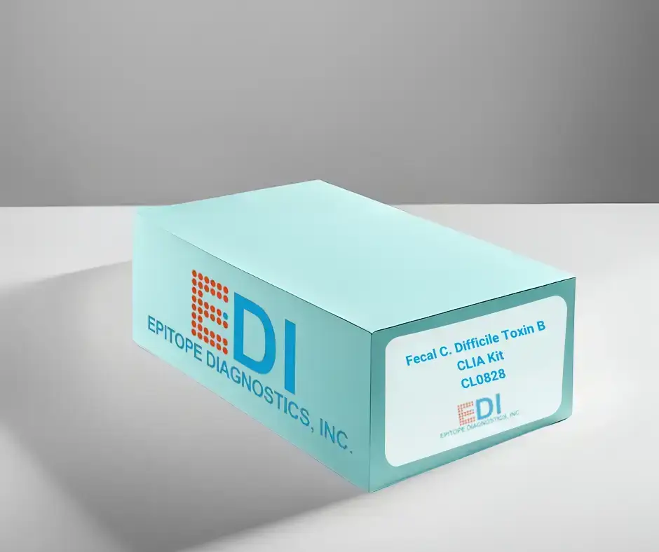 A blue Epitope Diagnostics, Inc. kit box with a label reading "Fecal C. Difficile Toxin B CLIA Kit" on a white surface.
