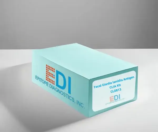 A blue Epitope Diagnostics, Inc. kit box with a label reading "Fecal Giardia lamblia Antigen CLIA Kit" on a white surface.