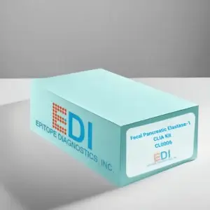 A blue Epitope Diagnostics, Inc. kit box with a label reading "Fecal Pancreatic Elastase-1 CLIA Kit" on a white surface.