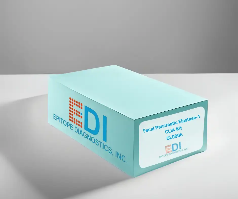 A blue Epitope Diagnostics, Inc. kit box with a label reading "Fecal Pancreatic Elastase-1 CLIA Kit" on a white surface.