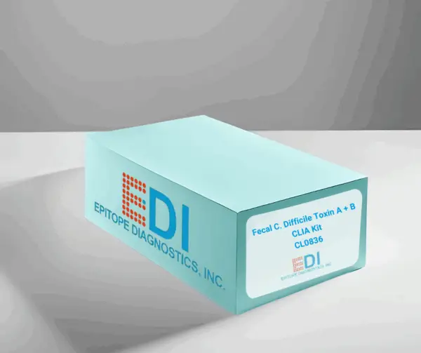 A blue Epitope Diagnostics, Inc. kit box with a label reading "Fecal C. Difficile Toxin A + B CLIA Kit" on a white surface.