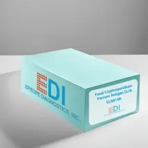 A blue Epitope Diagnostics, Inc. kit box with a label reading "Fecal Cryptosporidium Parvum Antigen CLIA Kit" on a white surface.