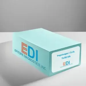 A blue Epitope Diagnostics, Inc. kit box with a label reading "Pepsinogen I CLIA Kit" on a white surface.