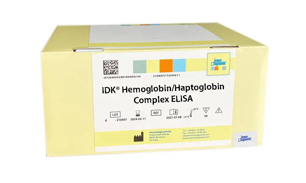 The IDK Hemoglobin/Haptoglobin Complex ELISA kit box.