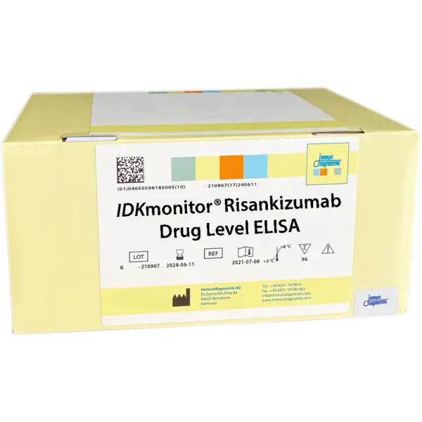 The yellow IDKmonitor Risankizumab Drug Level ELISA kit box.