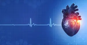 A heart with red and orange light highlighting the arteries to symbolize myocardial injury.