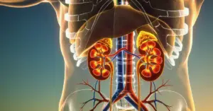 An AI-generated anatomical image of the kidneys beneath the liver.