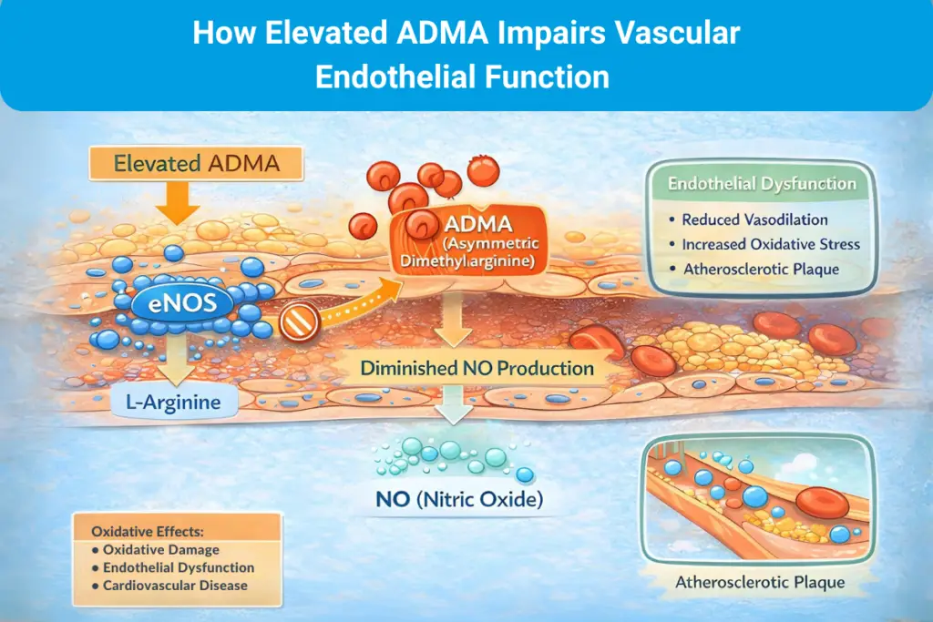 An illustration showing how elevated ADMA impairs vascular endothelial function.