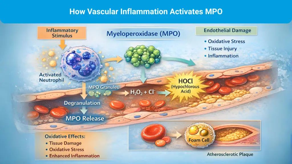 An illustration showing how vascular inflammation activates the production of MPO.