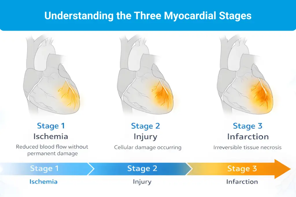 A chart showing the three stages of myocardial injury progression and where they occur in the heart.