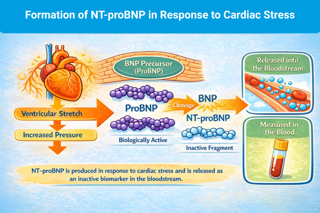 An illustration showing the formation of NT-proBNP in response to cardiac stress.