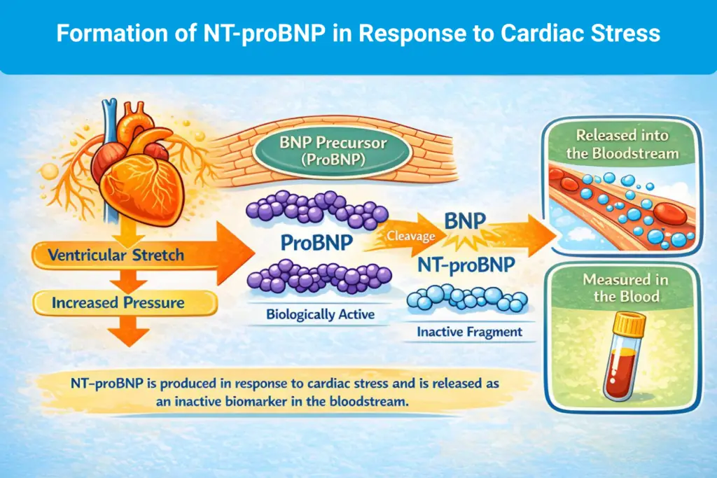 An illustration showing the formation of NT-proBNP in response to cardiac stress.