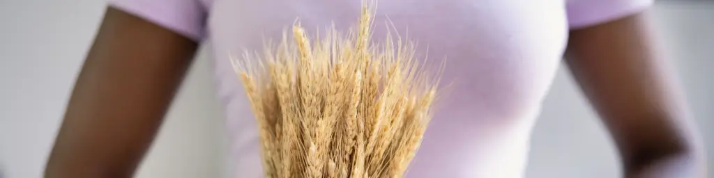 A woman wearing a pink t shirt and holding a bundle of wheat in front of her chest.