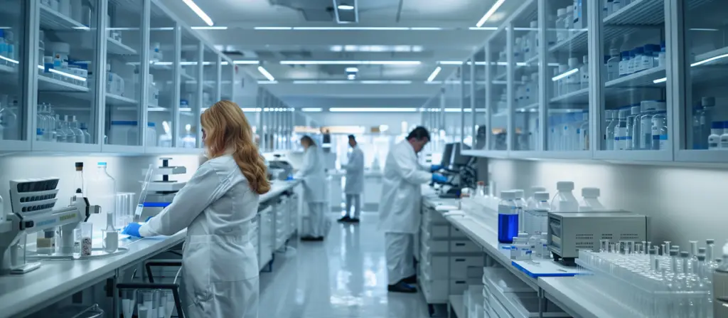 Lab technicians working in a clinical lab.
