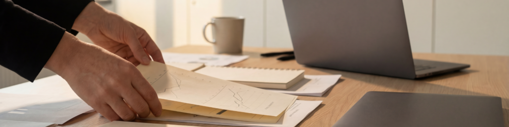 A close up of hands organizing a pile of papers with a sheet of line graphs on top.