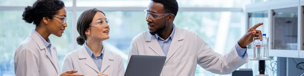 A diverse trio of lab technicians in lab coats looking at each other.